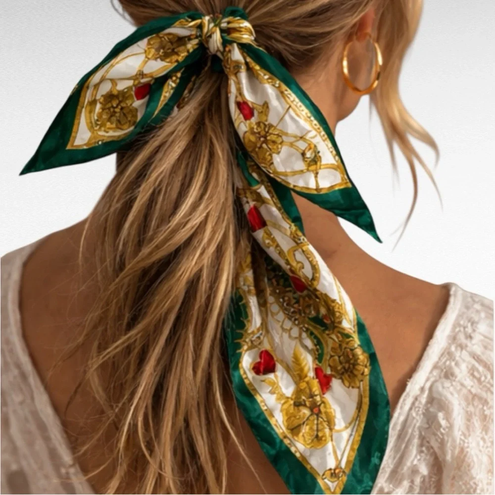 VINTAGE | 1980’s Multicolored Green Satin Square Medallions Tassels Scarf